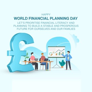Illustration depicting World Financial Planning Day with people discussing finances and a large pound symbol.