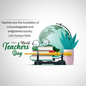 World Teachers' Day illustration with books, globe, and glasses