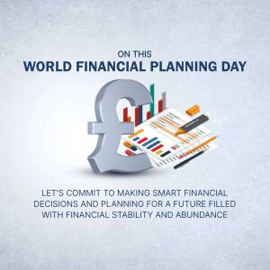 Image commemorating World Financial Planning Day with a pound symbol and financial charts.