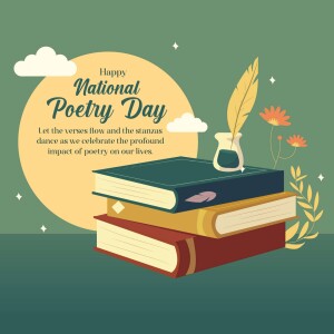 Illustration of books, a quill, and flowers celebrating National Poetry Day