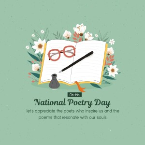 Illustration for National Poetry Day featuring an open book, glasses, pen, and flowers.