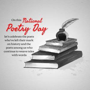 Illustration of stacked books, an inkwell, and a feather quill celebrating National Poetry Day.