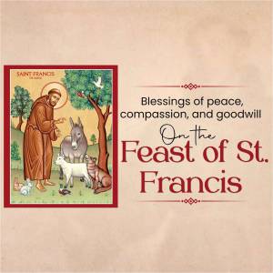 Icon of St. Francis of Assisi with animals and a dove