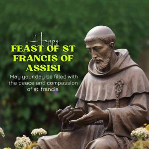 Statue of St. Francis of Assisi with a green foliage background and text wishing a happy feast day.