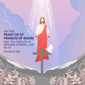 Illustration of Jesus with St. Francis of Assisi text and a dove.