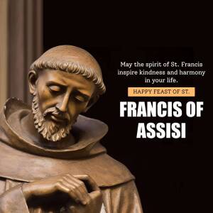 Statue of St. Francis of Assisi with a celebratory message