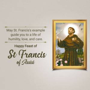 Image of St. Francis of Assisi in a golden frame with text celebrating his feast day.