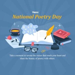 Illustration for National Poetry Day featuring books, a quill, and a cup of coffee.
