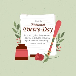 Illustration celebrating National Poetry Day with a quill, ink, and floral elements.
