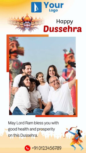 Family celebrating Dussehra with a festive background