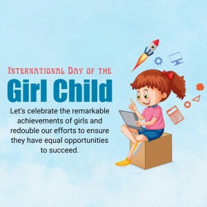 Illustration of a girl using a laptop with educational icons, celebrating International Day of the Girl Child.