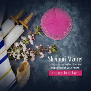 Shemini Atzeret holiday image with tallit, kippah, and flowers