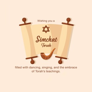Illustration of a Torah scroll with the text 'Simchat Torah' and a shofar.