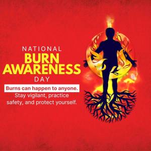 Image promoting National Burn Awareness Day with a silhouette of a person engulfed in flames and roots.