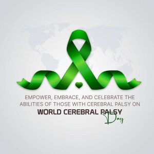 Green ribbon with a heart and text celebrating World Cerebral Palsy Day