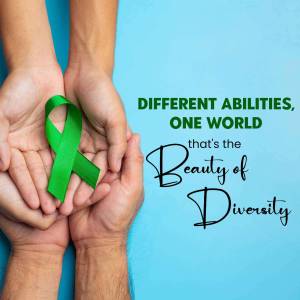 Hands holding a green ribbon with text promoting diversity and inclusion.