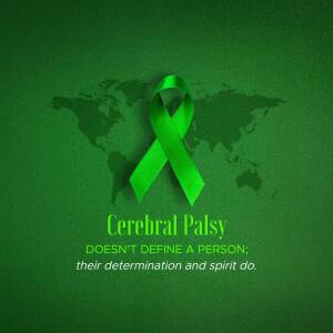 Green ribbon representing Cerebral Palsy awareness with a world map background and motivational text.