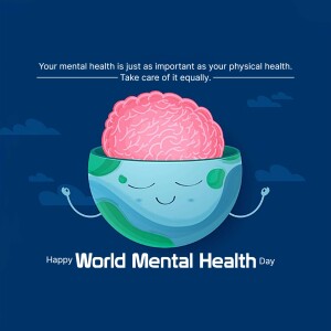 Illustration of a brain shaped like Earth with a peaceful expression, promoting mental health awareness.
