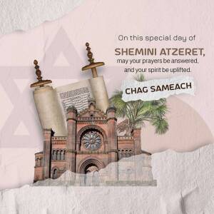 Image depicting a Shemini Atzeret greeting with Torah scrolls, a synagogue, and palm branches.