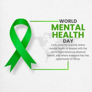 Green ribbon symbolizing World Mental Health Day with text and a world map background.