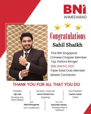 Image of Sahil Shaikh receiving recognition from BNI Ahmedabad as First BNI Singapore Chapter Member and Top Visitors Bringer.