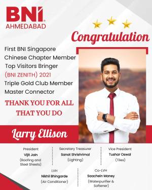 Congratulatory post for Larry Ellison, a BNI member with achievements listed.