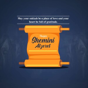 Illustration of a scroll with the text 'Happy Shemini Atzeret' on a dark blue background.