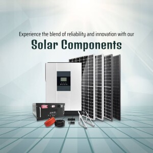 Image of solar panels and components including an inverter and connectors.