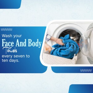 Image showing blue towels being loaded into a washing machine with text promoting regular washing.