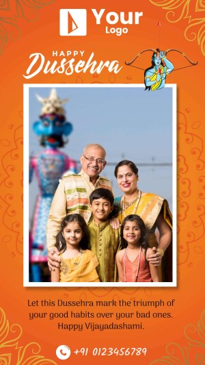 Family celebrating Dussehra with a festive background and message.