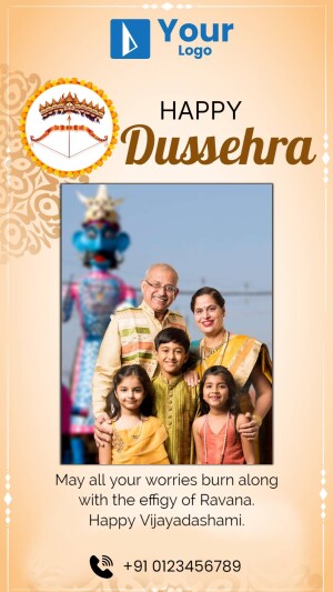 Dussehra greeting card with family and Ravana effigy