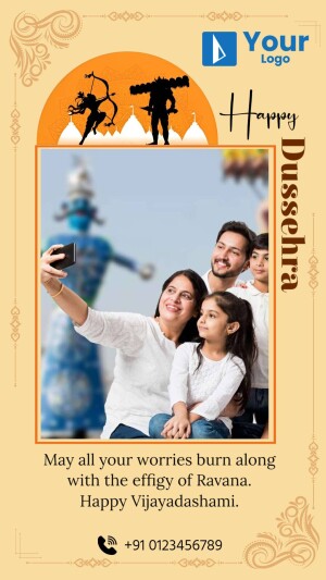 Family taking a selfie with a Dussehra effigy in the background