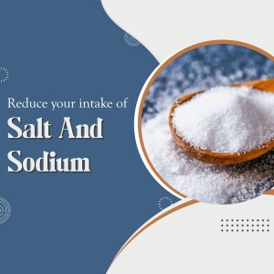 Image depicting a wooden spoon filled with salt with text promoting reduced salt and sodium intake.