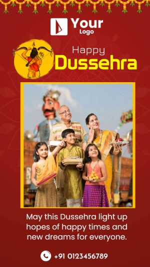 Family celebrating Dussehra with a festive background and a Ravana effigy.