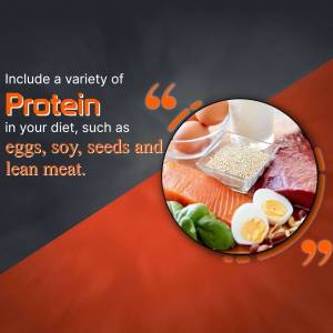Image showcasing various protein sources like eggs, soy, seeds, and meat.