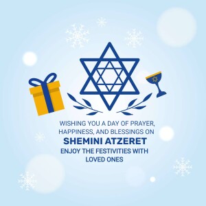 Shemini Atzeret holiday graphic with Star of David, gift, and goblet
