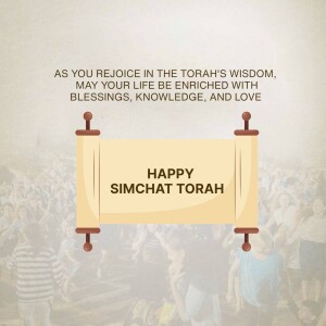 Image of a Torah scroll with the text 'Happy Simchat Torah' and a crowd in the background.