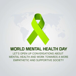 Green ribbon on a world map background with text promoting World Mental Health Day