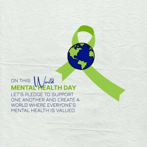 Green ribbon wrapped around the Earth with text promoting World Mental Health Day.
