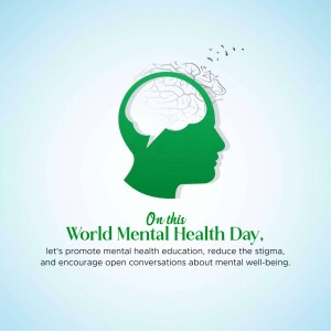 Illustration of a head silhouette containing a brain, with text promoting World Mental Health Day.