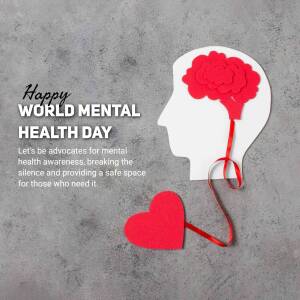 Image depicting a head silhouette with a red heart-shaped brain and a separate red heart, promoting World Mental Health Day.
