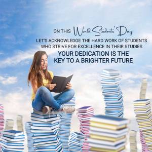 A young woman reading a book while sitting on a stack of books against a blue sky with clouds.