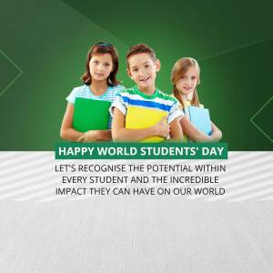 Three smiling children with books celebrating World Students' Day