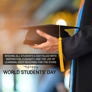 A graduate holding their cap and tassel with text wishing students a happy day.