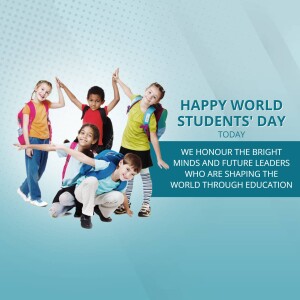 Group of diverse children celebrating World Students' Day with raised hands and backpacks.