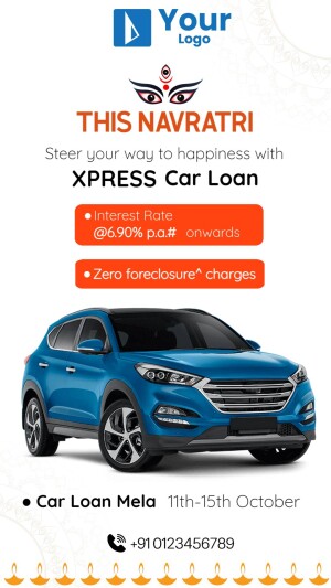 Navratri Car Loan Xpress offer with a blue Hyundai Tucson and festive decorations.