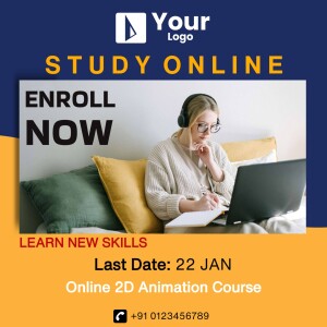 Woman studying online with laptop and headphones