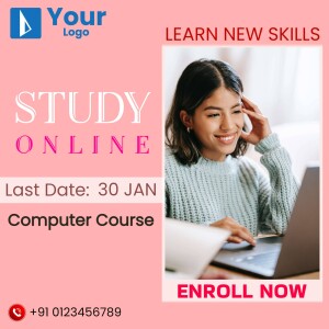 Woman studying online with laptop, promoting computer course