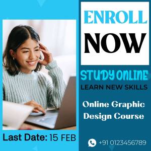 Woman studying online with laptop and 'Enroll Now' promotion