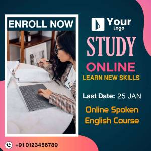 Image promoting an online study and spoken English course with a student studying on a laptop.